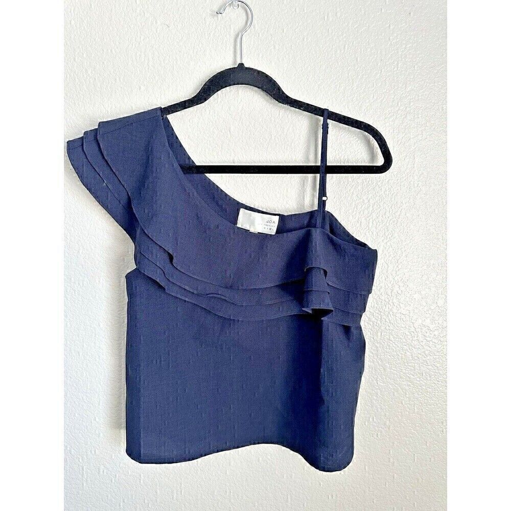 JOA Los Angeles Blouse Womens Size Medium Ruffle Trim Shoulder Cami Top Navy